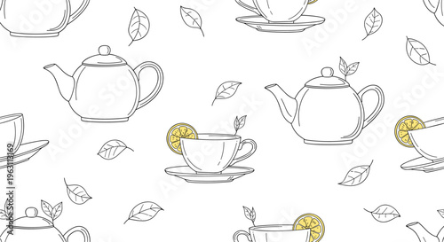 Delicate black and white seamless pattern featuring line art illustrations of tea pots cups with lemon and leaves.