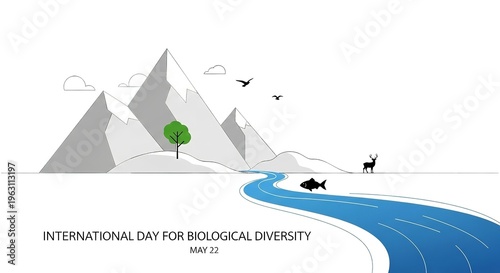 An illustration celebrating International Day for Biological Diversity with a scenic landscape of mountains, river, and wildlife