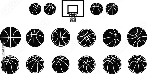 Basketball puzzle with hoop and patterned balls for visual recognition, logic challenge, sports illustration, and educational design