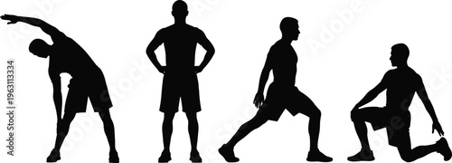 Black silhouettes of athletes performing stretching exercises, fitness warm‑up poses for flexibility, posture training, injury prevention, workout routine illustration