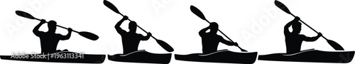 Black silhouettes of kayaker paddling sequence, water sports activity illustration showing dynamic motion, adventure, fitness, outdoor recreation concept
