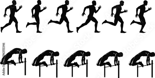 Black silhouettes of runner and hurdler motion sequence, dynamic sports illustration showing athletic posture, fitness training, competition, biomechanics study