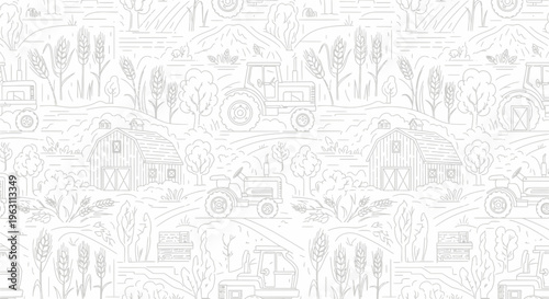 Seamless Pattern with Farm Tractors and Barns in Line Art Style