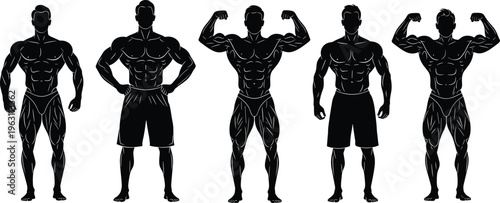 Bodybuilder silhouettes set showcasing muscular male physique front poses flexing strength fitness bodybuilding vector illustration isolated on white background