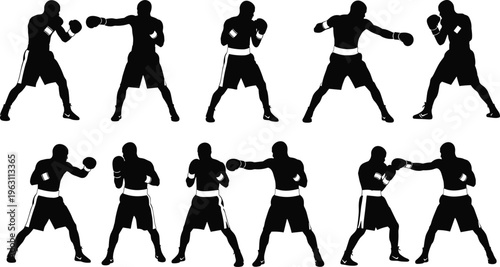 Boxing silhouettes set showing punching combinations and fighting stances, dynamic combat sport action isolated on white background for training and design use