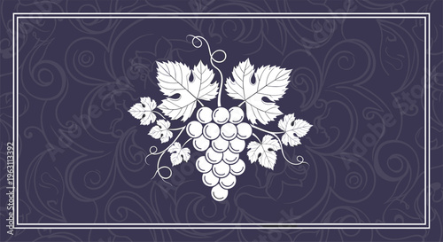 Elegant design featuring a white grape bunch with leaves centered on a dark purple background with intricate floral swirls.