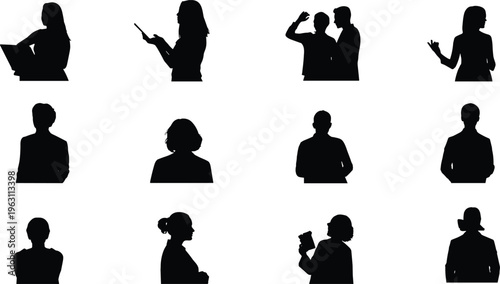 Business people silhouettes collection, diverse male and female professionals in teamwork, communication and reading poses, corporate concept isolated on white background