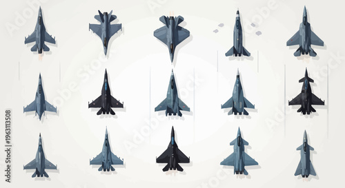 Set of Modern Military Fighter Jets Top View