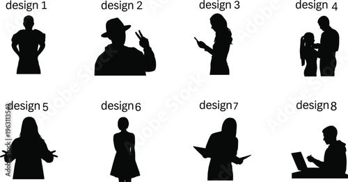 Business people silhouettes set with diverse activities, communication, teamwork and laptop usage, male and female professionals isolated on white background