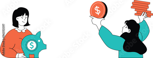 Two people discussing financial matters with piggy bank and dollar sign balancing on fingers