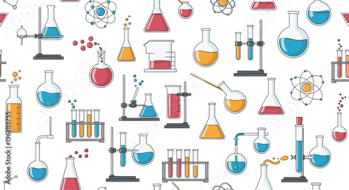 Educational seamless pattern featuring various science lab equipments like beakers flasks test tubes and atoms.