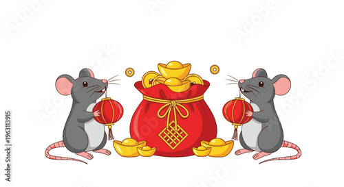 Two cute mice holding traditional red lanterns next to a large money bag filled with gold ingots for Chinese New Year.
