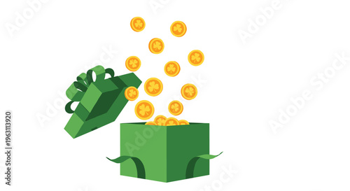 Green open gift box releasing gold coins with shamrock patterns for Saint Patricks Day celebration on a white background.