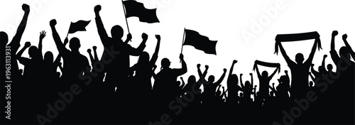 Cheering crowd silhouettes with raised hands and flags celebrating victory, festival or sports event atmosphere isolated on white background