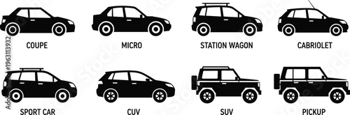 Car silhouettes set including coupe, micro, station wagon, cabriolet, SUV and pickup, side view vehicle icons isolated on white background