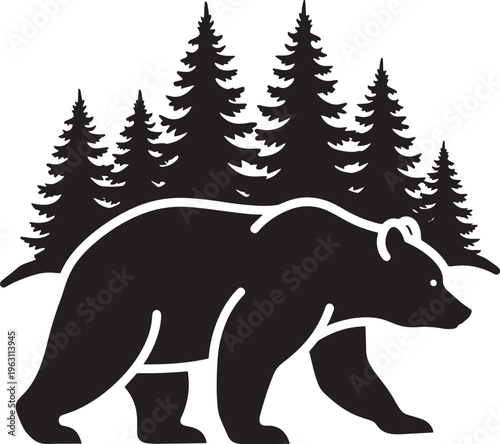 A strong bear silhouette walking with towering pine trees in background majestic wilderness scene conveying strength and wild beauty of forest