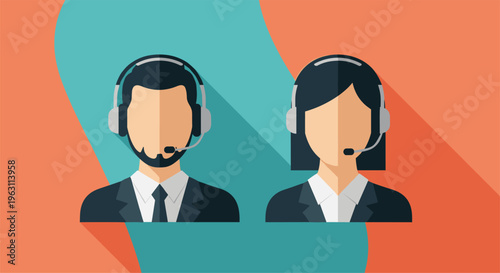 Male and female customer service operators wearing headsets represented in a flat design style for professional help.