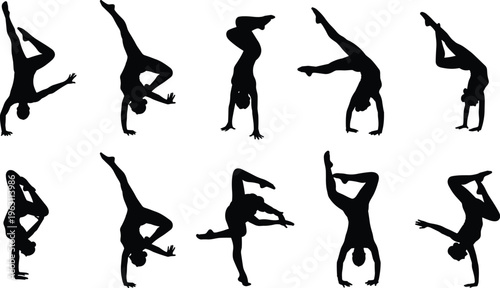 Collection of acrobatic dancer silhouettes performing handstands and flips, dynamic gymnastics poses, flexibility and balance training, artistic movement vector illustration set
