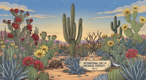 A vibrant desert landscape celebrating International Day for Biological Diversity with diverse cacti and flowers