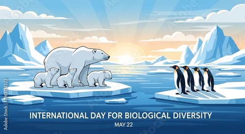 A polar bear family and penguins stand on icebergs in a scenic Arctic landscape to celebrate International Day for Biological Diversity.