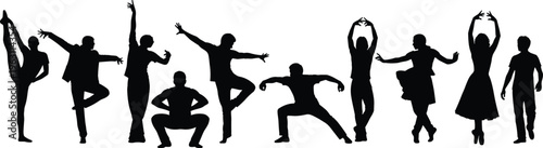 Collection of dance silhouettes with male and female performers, expressive poses and movements, artistic performance, dynamic body motion vector illustration set