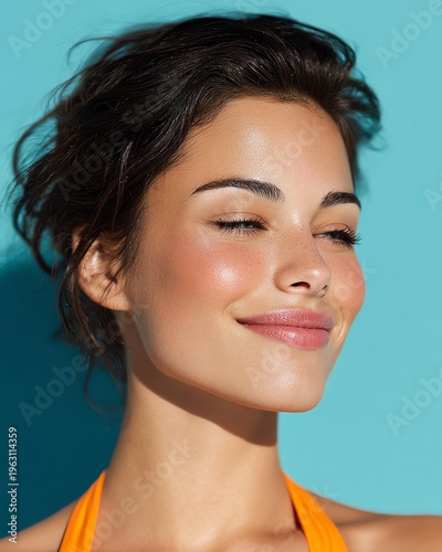 A young woman with a radiant smile and glowing skin against a vibrant blue background, embodying joy and relaxation.
