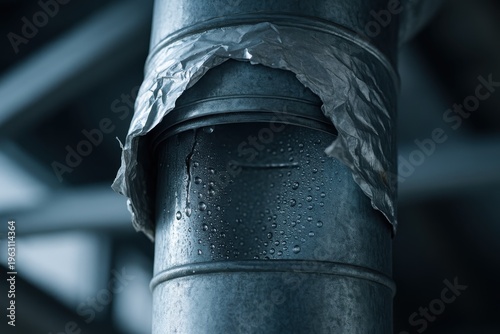 Metal ventilation duct joint with condensation and temporary tape patch indicating air leakage, moisture issues, and need for proper sealing or repair
