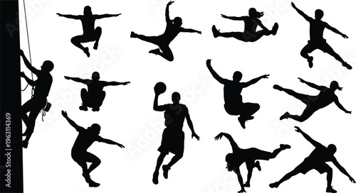 Collection of dynamic jumping and climbing athlete silhouettes, parkour and acrobatic action poses, urban sports movement, fitness activity vector illustration set