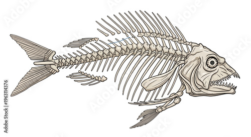 Detailed Illustration of a Fish Skeleton Isolated on White