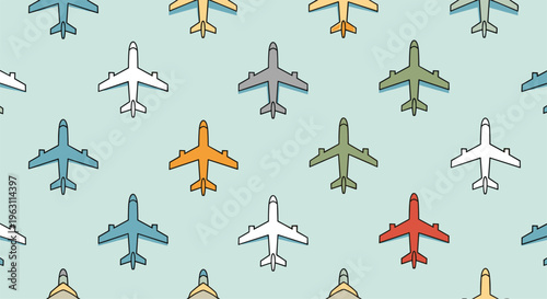 Repeating seamless pattern of colorful airplanes flying in the same direction on a light blue background texture.