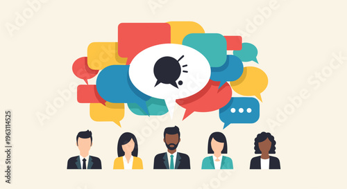 Diverse group of business people standing under a large cluster of colorful overlapping speech bubbles for ideas.