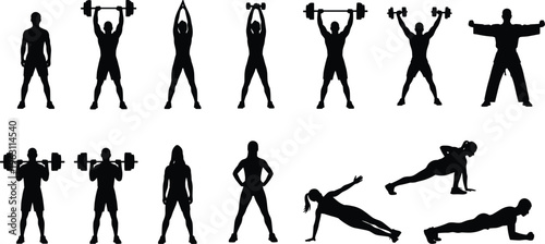 Collection of fitness and workout silhouettes showing weightlifting, strength training and bodyweight exercises isolated on white background representing health and active lifestyle