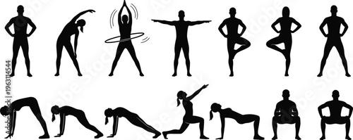 Collection of fitness exercise silhouettes showing stretching, yoga, squats and warm up movements isolated on white background representing healthy lifestyle and training routine