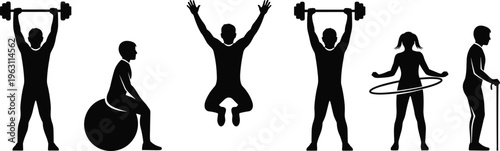 Collection of fitness lifestyle silhouettes including weightlifting, jumping, stability ball exercise, hula hoop and senior walking isolated on white background