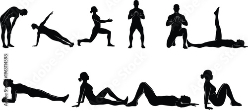 Collection of fitness workout silhouettes performing stretching, lunges and core exercises, bodyweight training routine, healthy lifestyle vector illustration set