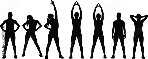 Collection of fitness people silhouettes standing and stretching, warm up poses, healthy lifestyle training, body flexibility and exercise vector illustration set