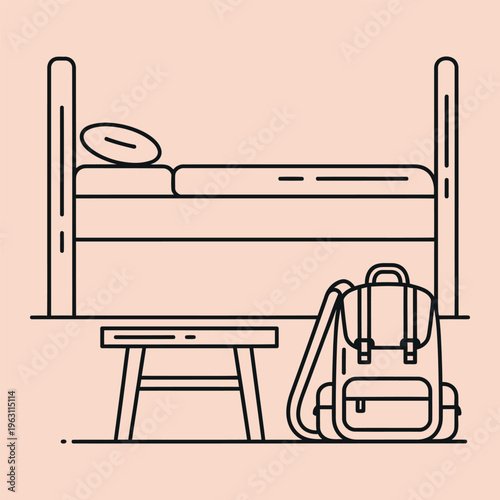 Minimal line of bunk bed with backpack and stool line minimal peach background black lines