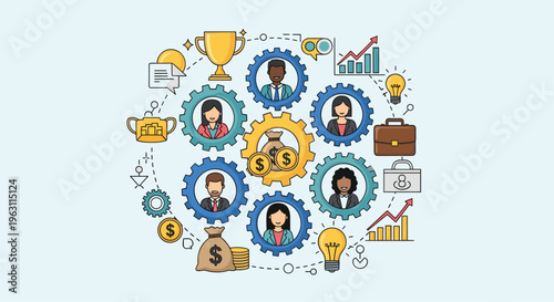 Business cooperation concept showing professional team members in gears surrounded by icons of success and wealth.
