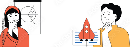 Two individuals pondering concepts of polar coordinates and rocket trajectory in a thoughtful manner