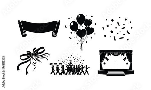 Celebration event elements set with banner balloons confetti ribbon parade and stage silhouette vector