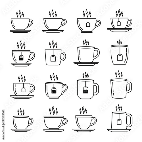 Various Tea Cups with Teabags and Rising Steam in Lines
