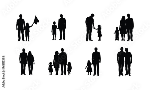 Happy family silhouettes vector illustration, parents and child in various poses walking holding hands