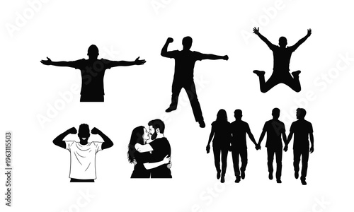 Success vector illustration featuring happy people jumping for joy and couples holding hands daily