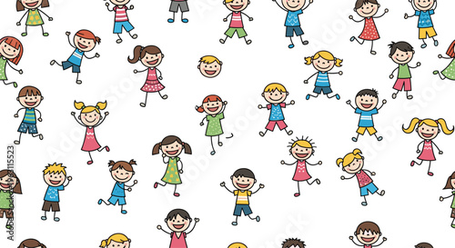 Cute seamless pattern of simple hand drawn children in various outfits and poses on a white background texture.
