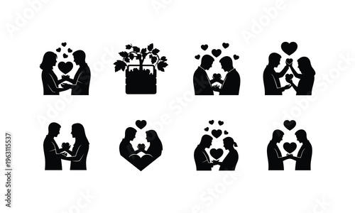 Romantic vector illustration collection of couples sharing hearts and growing love tree silhouettes