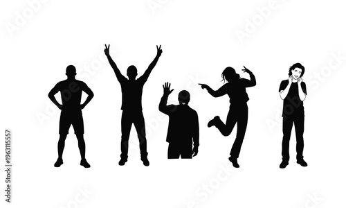 Vector illustration of happy people celebrating, striking poses, with gestures of success and joy