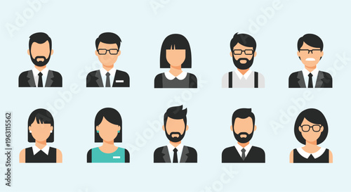 Grid of professional business avatar icons for diverse men and women in suits with different hairstyles and glasses.