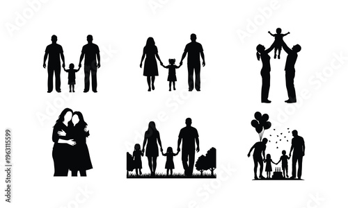Vector illustrations of family moments, parents holding hands with children, celebrating birthdays, and enjoying outdoors
