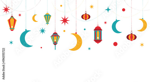Festive hanging decorations for Ramadan or Eid with colorful lanterns crescent moons and stars on a white space.