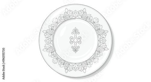 Elegant white porcelain plate featuring a detailed black floral pattern on the rim and a central ornamental motif for sophisticated dining.